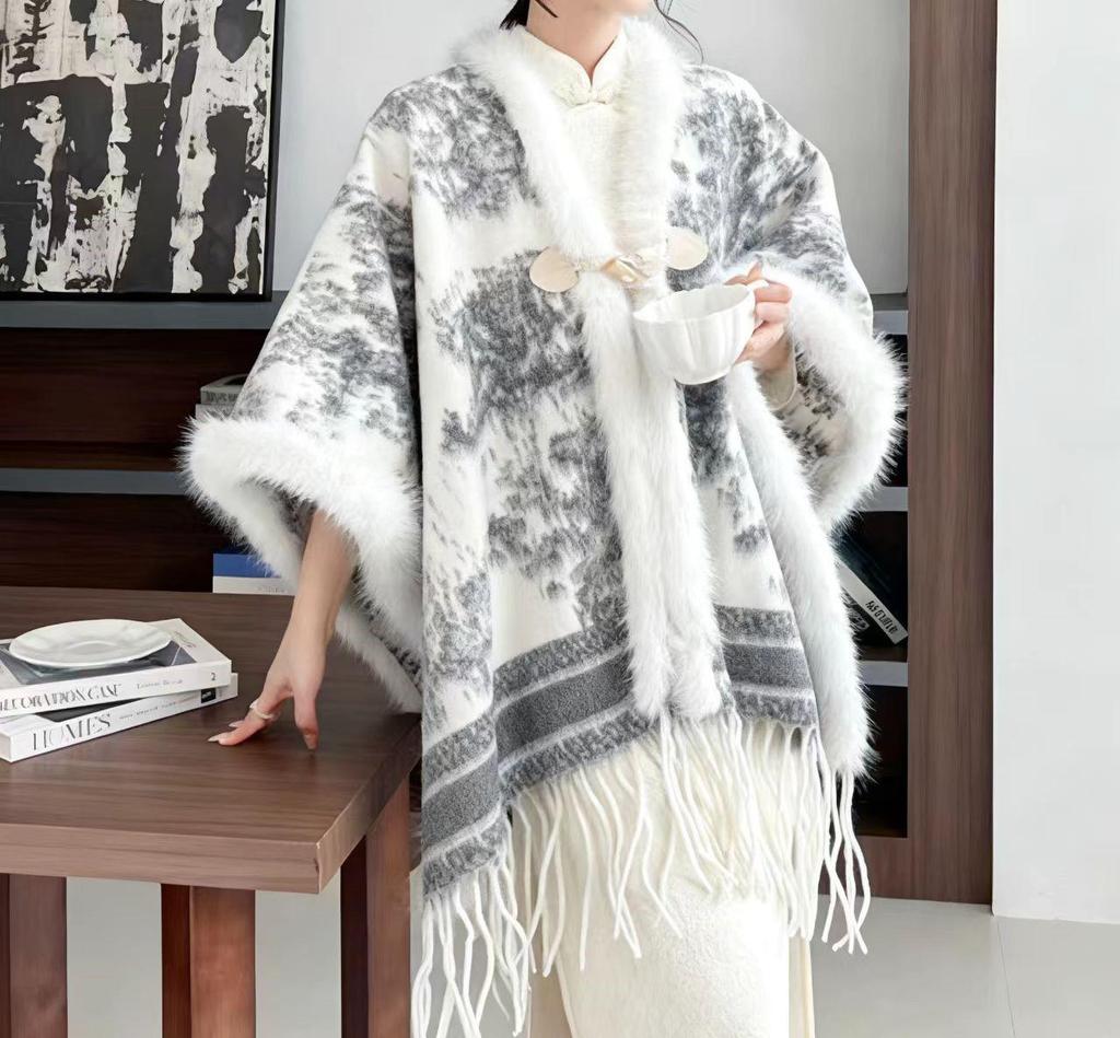 Elegant Women's Floral Ink Wash Shawl - Soft Cashmere Feel, Tassel Detail Cape