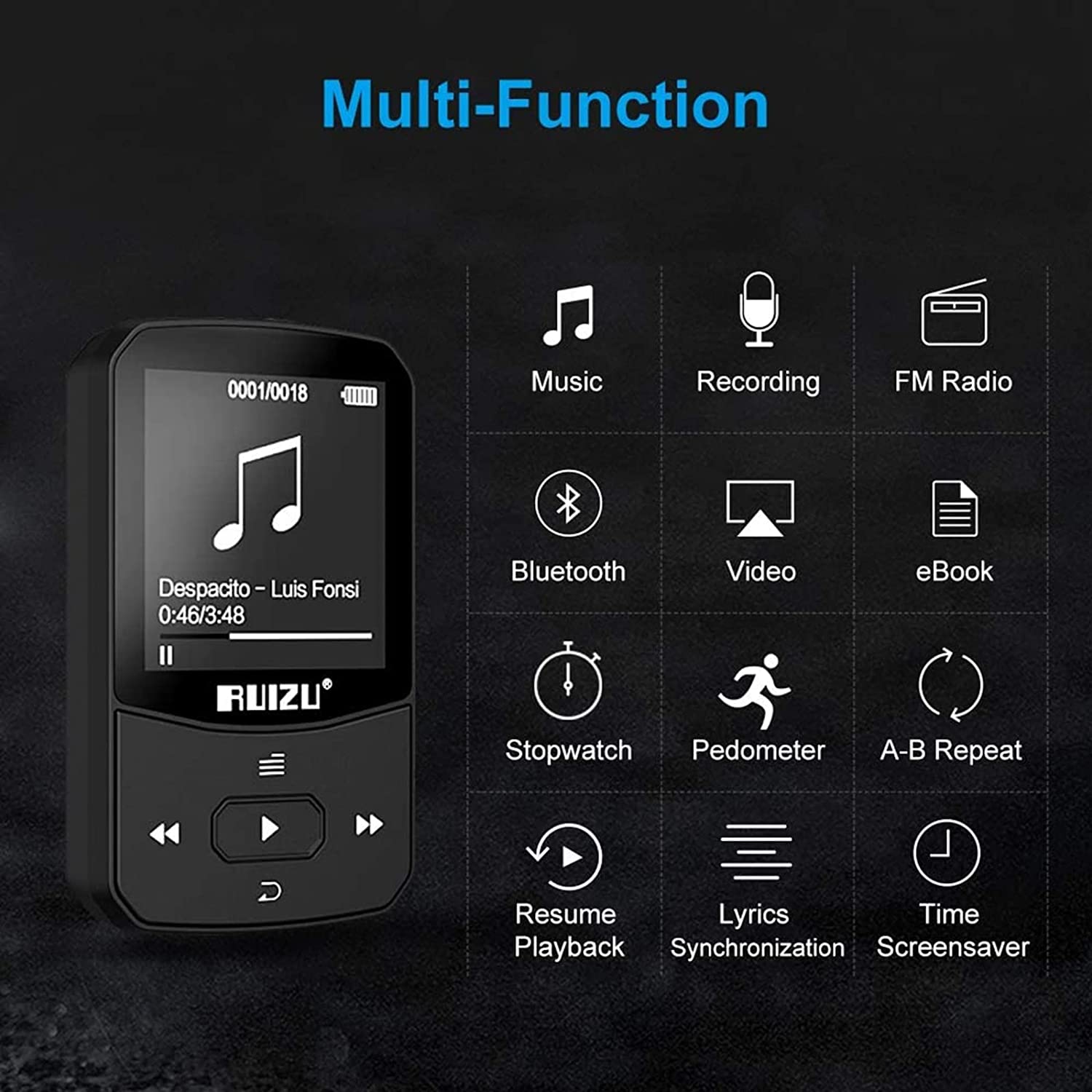 

Ruizu X52 Sport Bluetooth Mp3-плеер Портативный мини-плеер Walkman с зажимом и поддержкой экрана FM, запись, электронная книга, часы, шагомер Радио Bluetooth-16GB чёрный