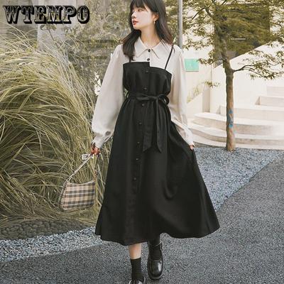 Spring and Autumn Temperament Fake Two Piece Skirts Academy Style Long Sleeve Medium Length Waist Slim Shirt Dress