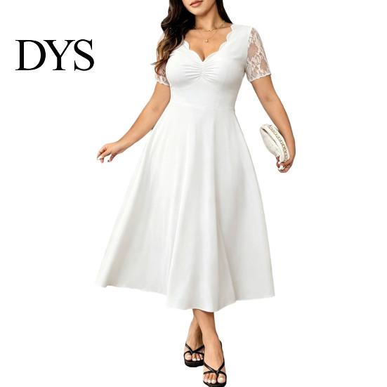 Robe ajustée à col en V Grande Taille Formelle pour Femmes Dentelle Manches Courtes Coupe A-line Légère Été Mère de la Mariée Invité de Mariage Robe de Soirée