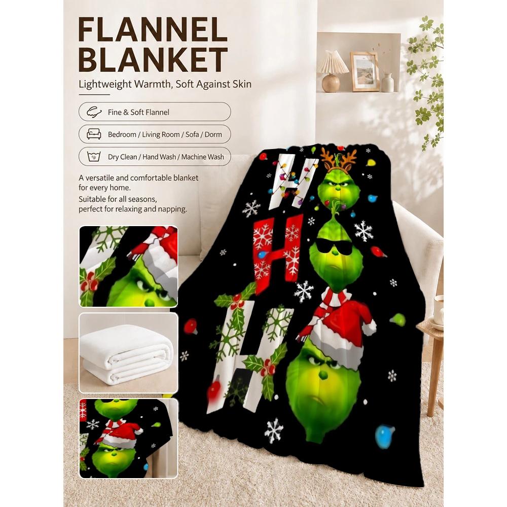 Ho Ho Ho Merry Grinch Christmas Theme Cartoon Flannel Blanket Soft Warm Throw Blanket For Office Sofa Lightweight Home Decor Memorial Gift