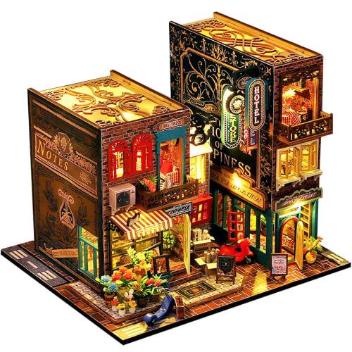 Moin Moin Dollhouse Miniature DIY Kit Set: "A Little World Inside a Bookshelf" - Books, Bookends, Stands, Bookshelf Interior, Cafe, Bike, Tourist Attr