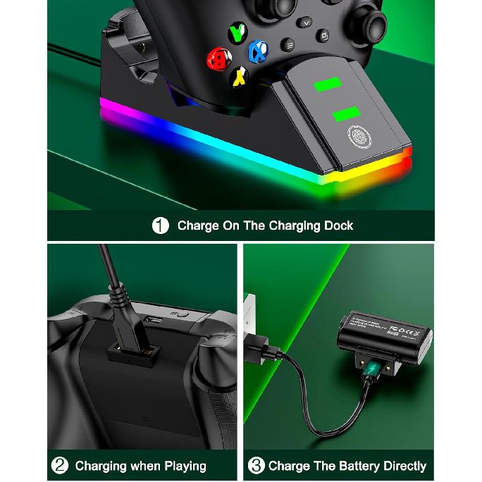 Xbox Controller Charger Station with 2 Packs 4320mWh Rechargeable Battery for Xbox Series X/S/One/Elite Controller, Dual Charging Dock with RGB
