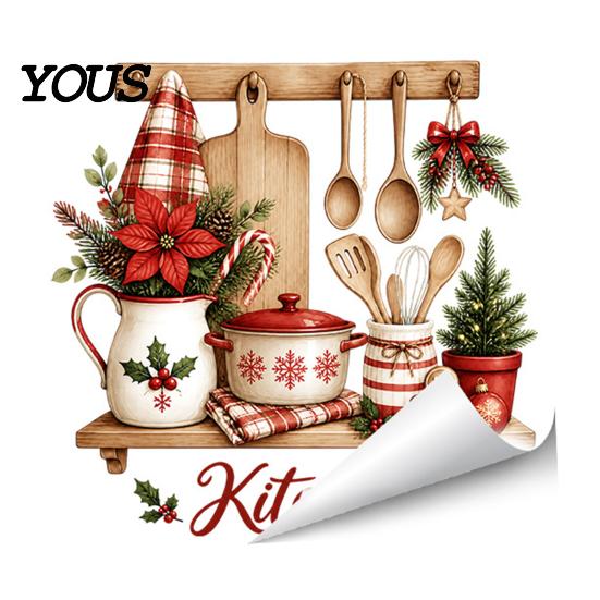 Murale Impermeabile per Zona Fornelli Stoviglie di Natale Adesivi Utensili, Teiera Tazza Palline Fiori Decalcomania, Decorazione Festiva Retro Rimovibile Peel
