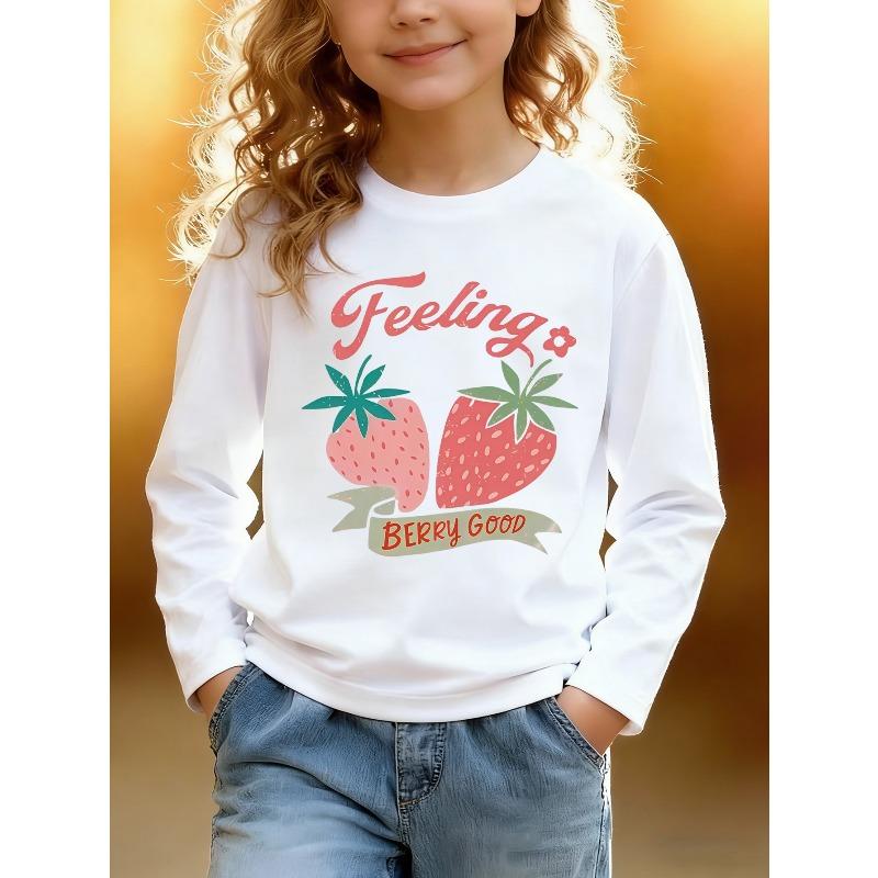 European sizes Long-Sleeved Top for Kids, Stylish Long-Sleeve T-Shirt with a Fun Strawberry Print, Featuring Playful Letter Designs.