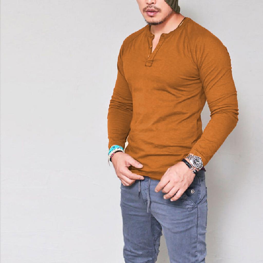 Mens Long Sleeve Henley T Shirt Solid Color Slim Fit Casual