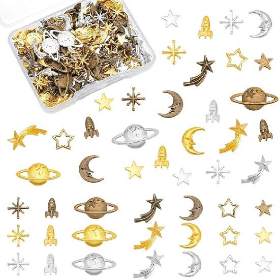 OLYCRAFT 168Pcs Cosmos Resin Fillers Star Moon Alloy Charms Epoxy Resin Filler Supplies Planet Spaceship Cabochons Filling Accessories for Epoxy Cosmos