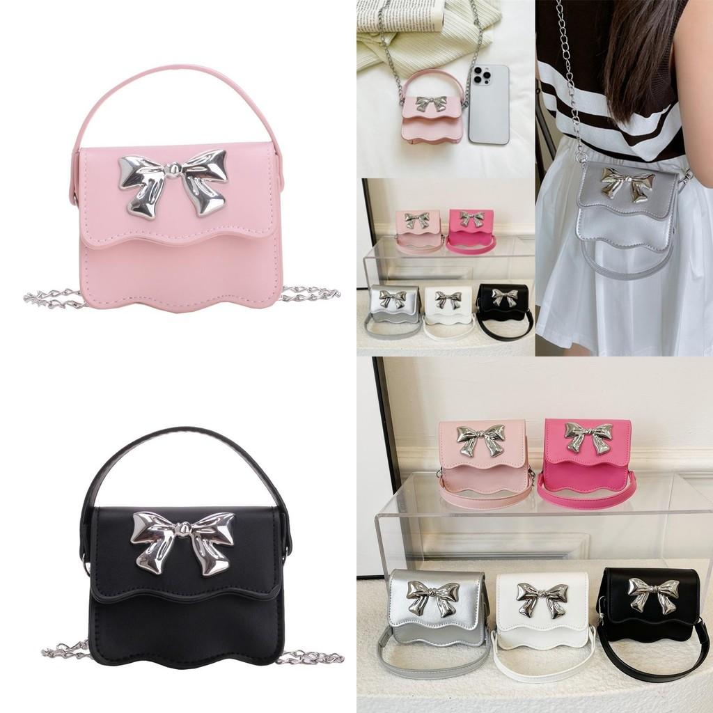 Cute Solid Color Silver Bow Decoration Kid Mini Shoulder Chain Bag For Summer Casual Wear