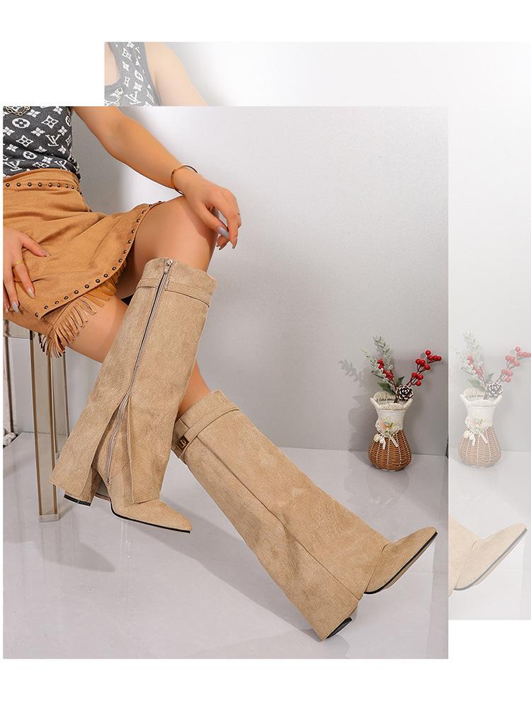 Winter Women's Pointed-Toe Suede Knee-High Boots Side Zip High-Heel Wide-Leg Pants Tube Boots Fashion Party Footwear