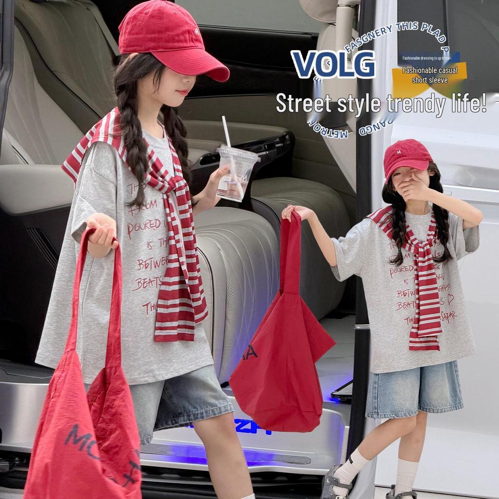 Girls' Korean Style Summer Striped Shawl T-shirt & Denim Shorts Set for Big Kids