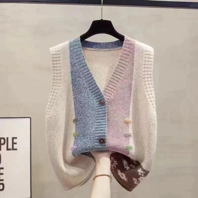 Sweater Knit Cardigan Spring Autumn Women Vest  Fashion Loose All Match Sweater Waistcoat Ladies V Neck Sleeveless Jacket