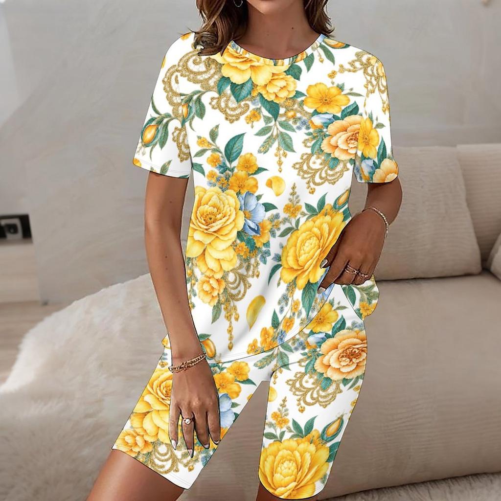 Women Plus Size Floral Printed Round Neck Short Sleeve Longline Top Fitted Shorts Two Piece Loungewear Set