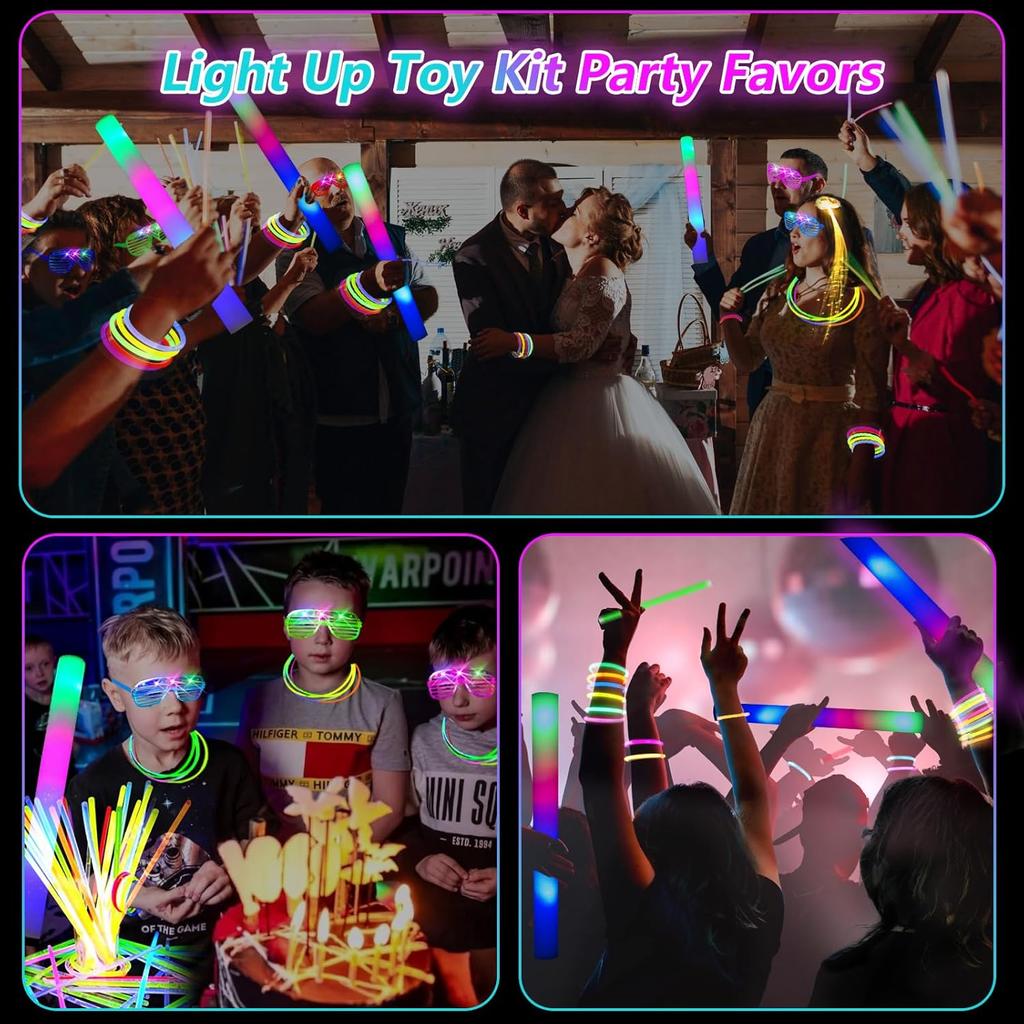 148 PCS Glow in the Dark Party Supplies, 16PCS Foam Glow Sticks, 16PCS LED Glasses,100PCS Glow Sticks Bracelets and 16Pcs LED Hair Clips Fiber Optic