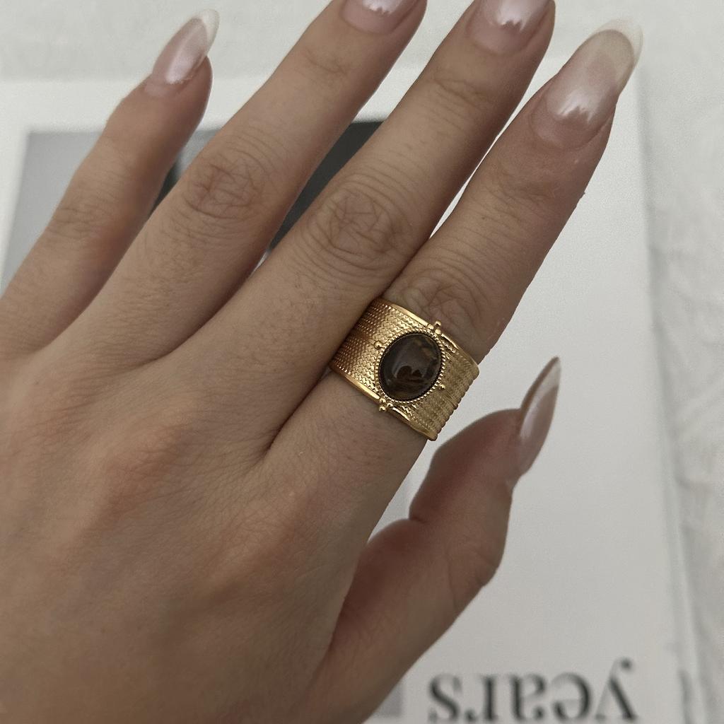 Retro Gold Color Irregular Metal Ring for Women Men Stainless Steel Natural Tiger Eye Opening Ring Aesthetic Dating Jewelry
