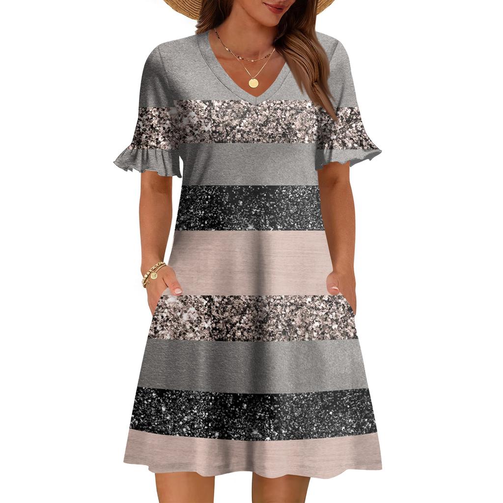 Women A Line Sun Dress Short Sleeve V Neck Printed Dress With Pockets
