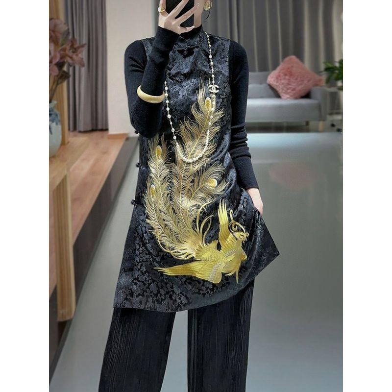 

Бренд Стойка Вырез Хвост Одиночный Китайский Стиль Костюм Тан Стойка Воротник Пряжка Золотая Вышивка Феникса Безрукавка Одиночный Жилет Платье Black L