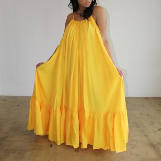 Maxi Dress Backless Casual Floor-length Solid Color Big Swing Strap Pocket Sling Dress for Beach