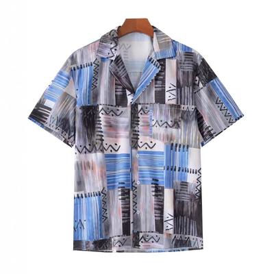 Summer Men Abstract Geometric Printed Short Sleeve Shirt Casual Cuban Collar Top