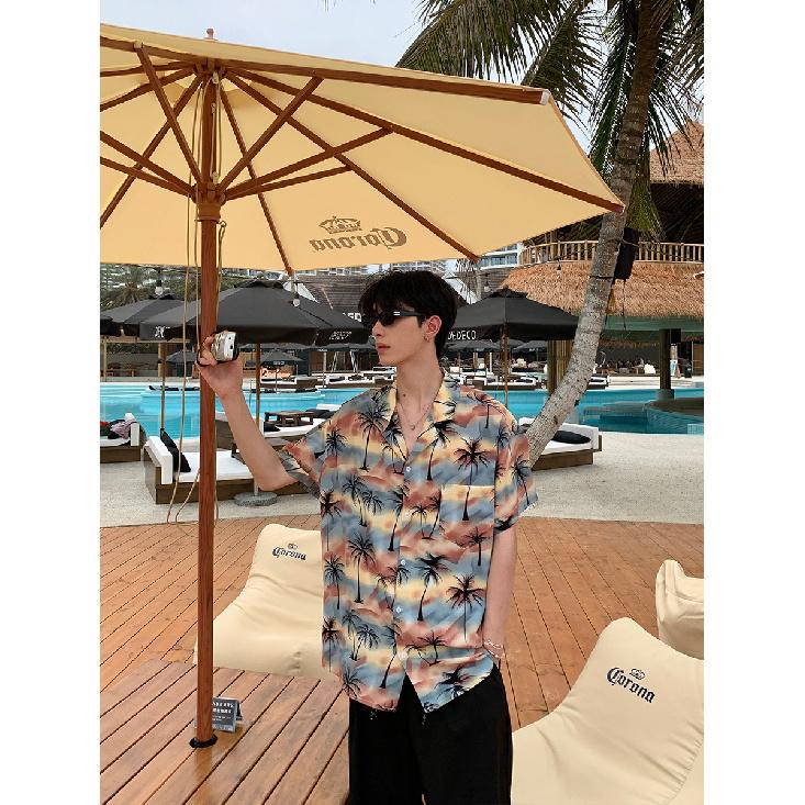 Summer Retro New Cuban Collar Floral Shirt Men's Loose Hong Kong Style Hawaiian Couple Beach Short Sleeve Top