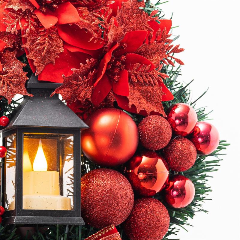 Christmas Wreath Decorative Wreath With Lamp Red Bow Berry Christmas Balls Lighted Artificial Wreaths For Wall Mantle Christmas
