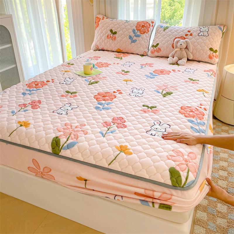 Verdickte Baumwoll-Bettmütze Einzelbettbezug Korallenvlies Milchvlies Wintermatratze Rutschfester Schutzbezug