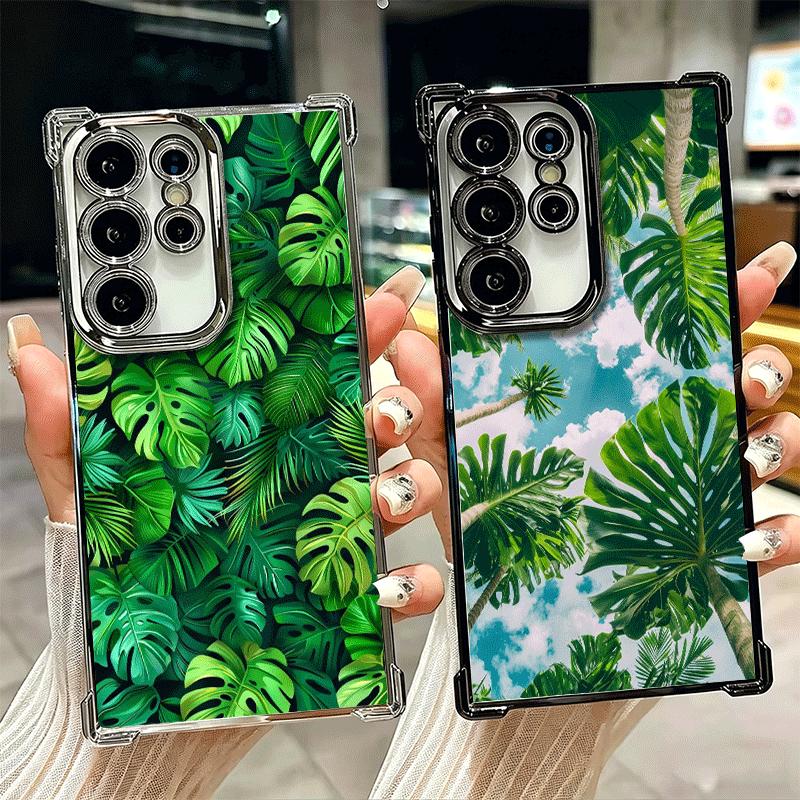 Summer Plants Green Leaf Plating Phone Case For Samsung Galaxy S24 S25 FE S26 Edge S23 Ultra S22 S21 Plus S20 Anti-Fall Airabag