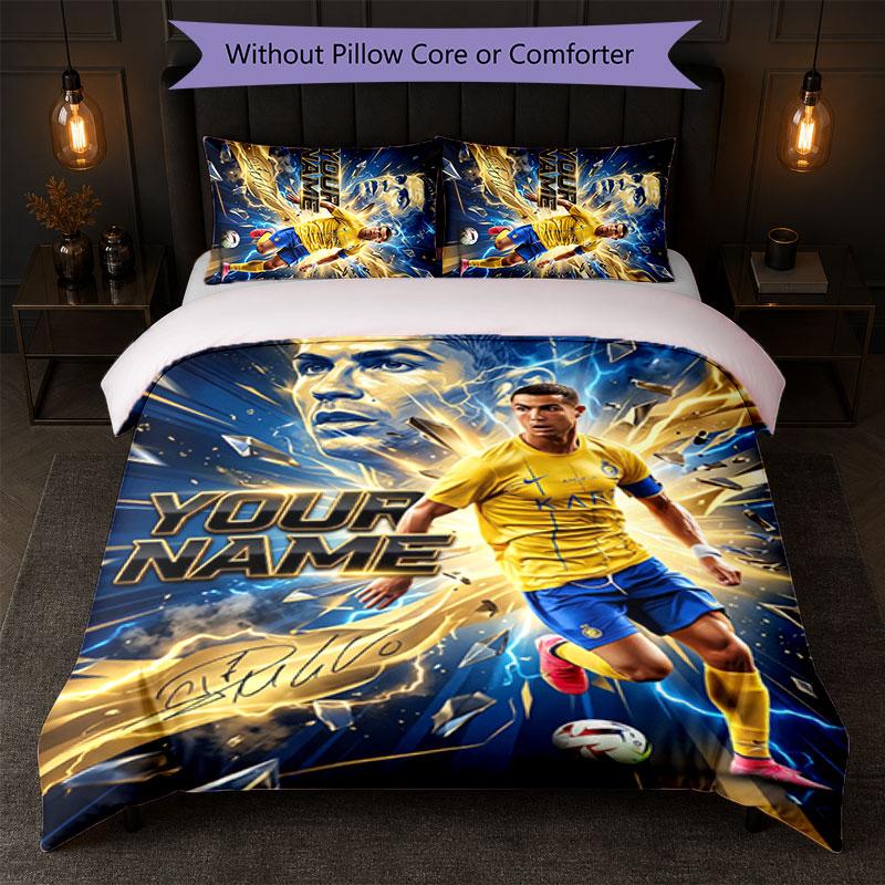 Set Biancheria da Letto Personalizzato Cristiano Ronaldo con Nome Testo 1 Copripiumino+2 Federe Logo Calcio Regalo Personalizzato per Occasione Speciale Arredamento Camera da Letto