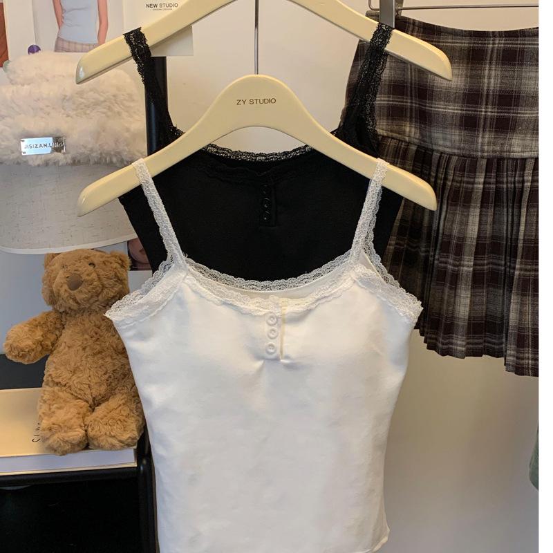 Damski top kamizelka koronkowy w stylu koreańskim z blokami kolorów – jesienny, dopasowany, ciepły i bez rękawów