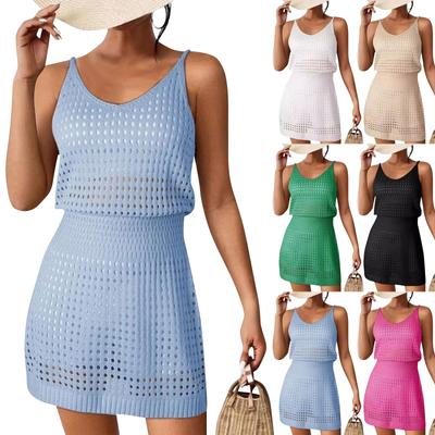 Vestido camisola de malha vazada sexy feminino, vestido regata, vestido de praia