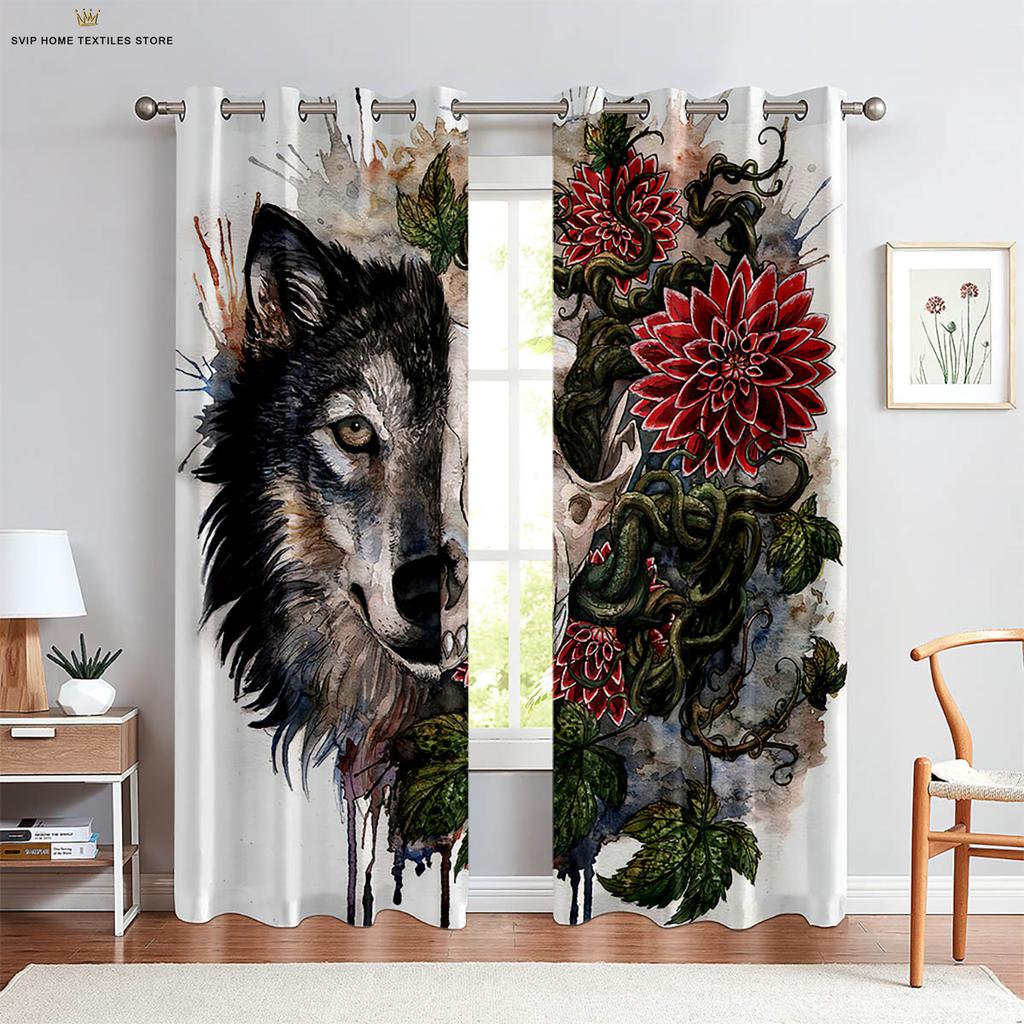 Starry Sky Wolf Animal 3D Printed Curtains, Suitable for Bedroom, Study, Kitchen, Living Room, Decorative, 2 Pieces