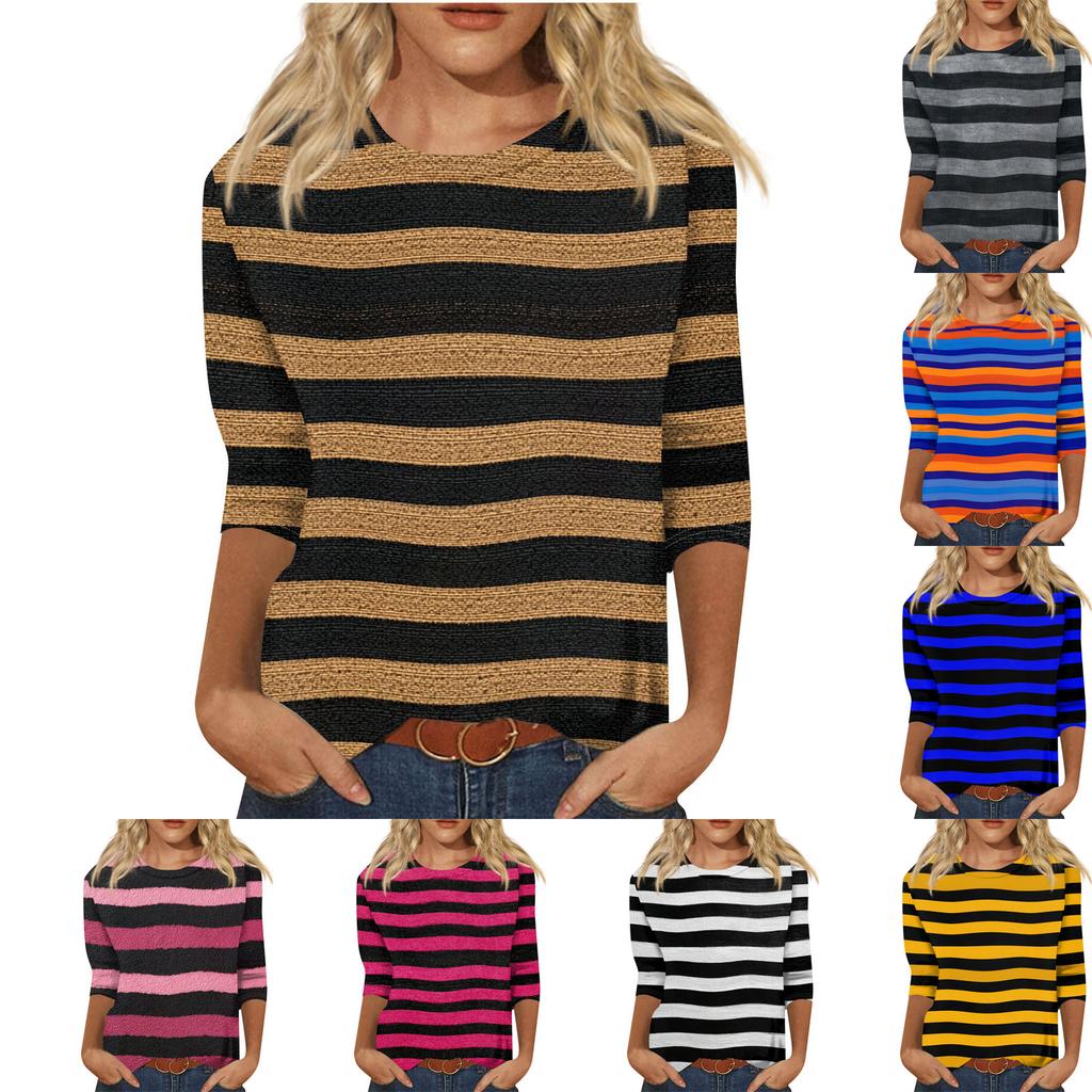 Modisches, lässiges Damen-T-Shirt mit Rundhalsausschnitt, Dreiviertelärmeln und Streifenmuster