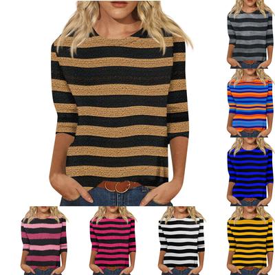 Women's Fashionable Casual Round Neck Three,quarter Sleeve Striped Printed T,shirt Top