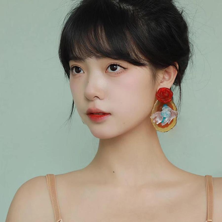 Silver Needle Transparent Goldfish Red Flower Earrings Personality Exaggerated Design Earrings High-end Fashion Niche Earrings Women