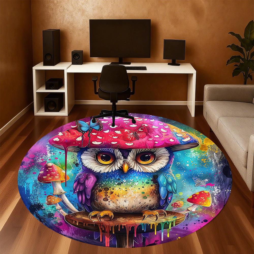 1pc Owl Mushroom Pattern Office Round Rugs, Under Chair Round Rugs for Living Room, Bedroom, Bathroom Decoration Carpet 091849