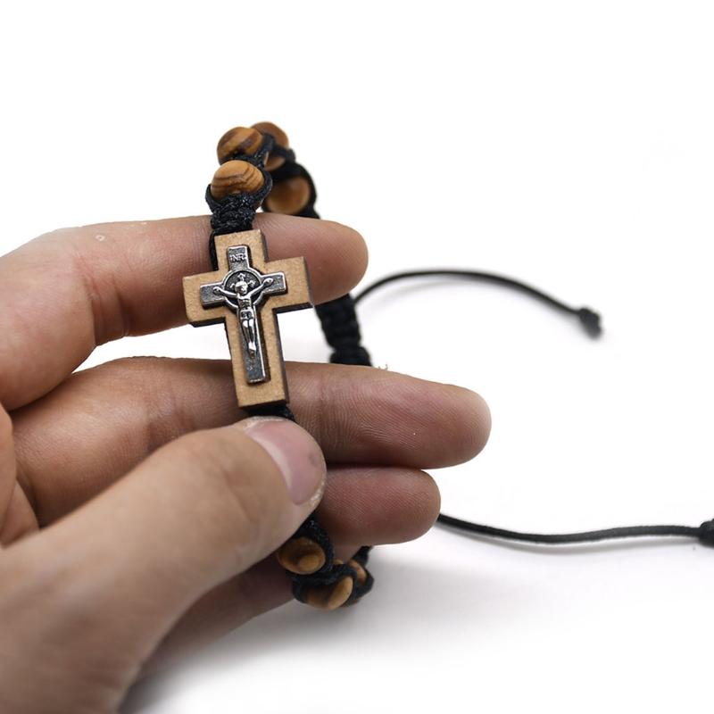 Alloy Pine Weaving Crucifix Stretch Bracelet Personality Handmade Knitted Jewelry for Men Boy Christian Ornaments Gifts
