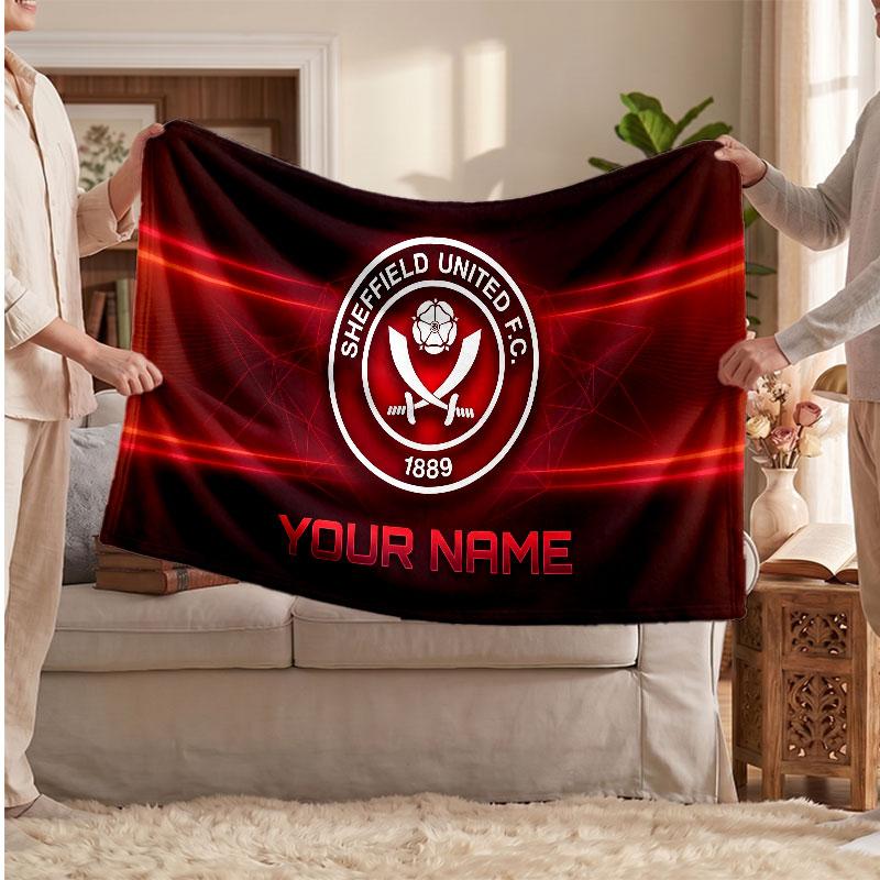 Sheffield United FC Personalized Fleece Blanket With Football Logo, Custom Name Text Soft Warm Home Throw Blanket