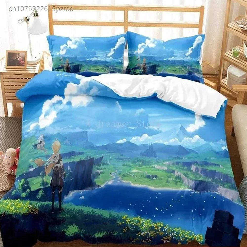 Genshin Impact Bettwäsche-Set Bettbezug Laken Bedrucktes Bettset Kissenbezug Bett Voll Queen King Size Bettdecke Schlafzimmer