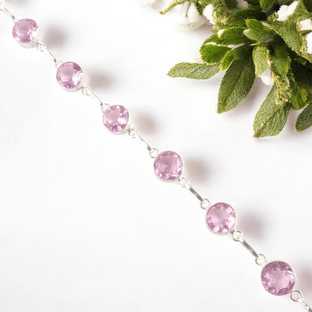 Morganite Gemstone 925 Sterling Silver Jewelry Handmade Bracelet Gift For Wife RB-14-8