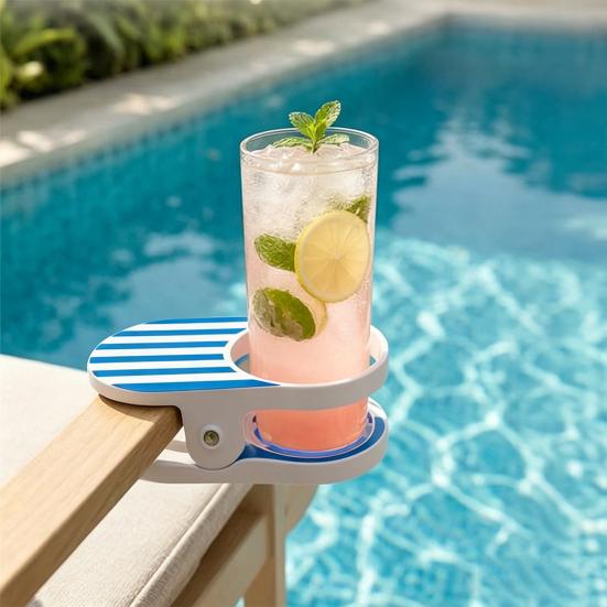 Clip-On Drink Holder for Chair, Portable Cup Holder for Beach Chair Patio Table, Striped Outdoor Clamp On Beverage Caddy for Pool Cruise