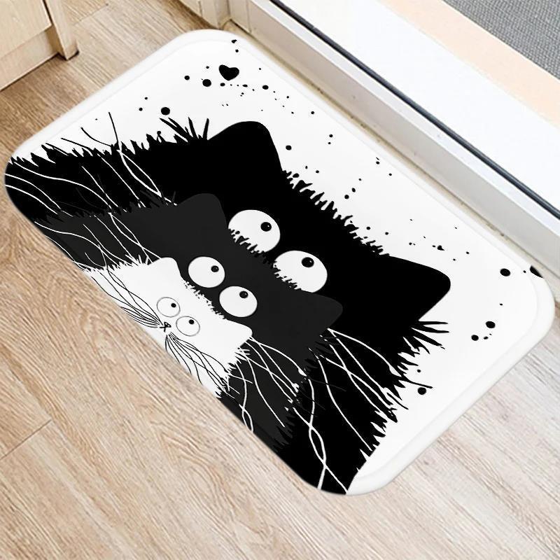 Cute Cartoon Cat Faces Carpet Black White Kawaii Minimalist Home Decoration Rug Kitchen Balcony Living Room Non-slip Floor Mat