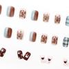Cartoon Cat & Puppy Gradient Plaid Square False Nail Tips – 24 Detachable Pieces