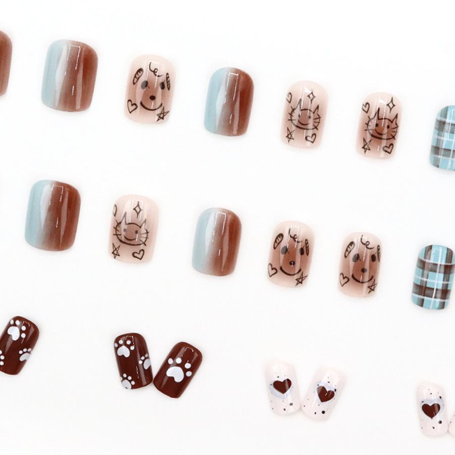 Cartoon Cat & Puppy Gradient Plaid Square False Nail Tips – 24 Detachable Pieces