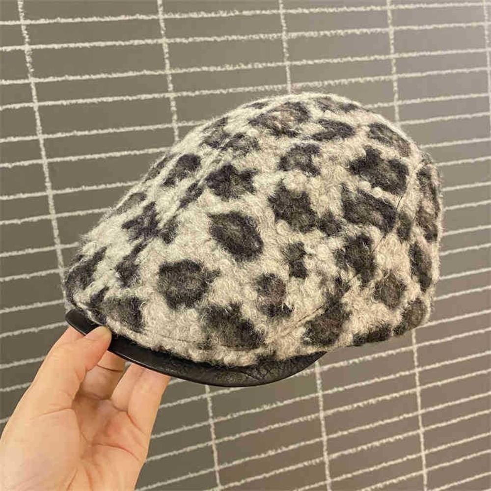 Pu Leather Brim Leopard Print Berets Keep Warm Women Newsboy Caps Retro Lamb Wool Berets Hat  Girl