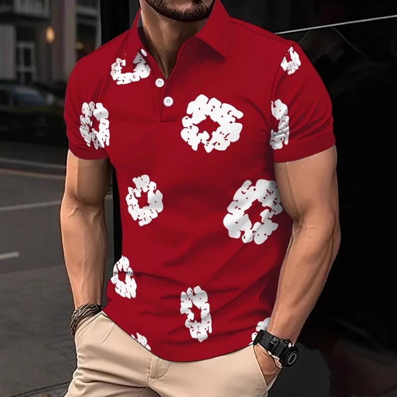Men Abstract Floral Print Polo Shirt Short Sleeve Casual Button Down Top