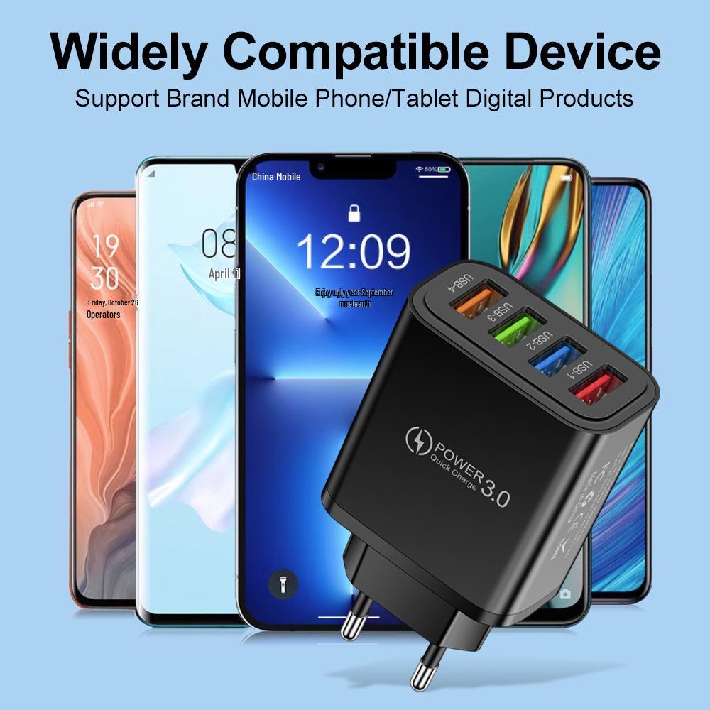 Colorful 4-Port 3A USB Travel Charger with US/EU Plugs for Mobile Phones