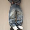 Pantaloni da uomo American high street effetto mopping denim lavato stampati decorativi alla moda marca larga jeans a gamba larga retrò