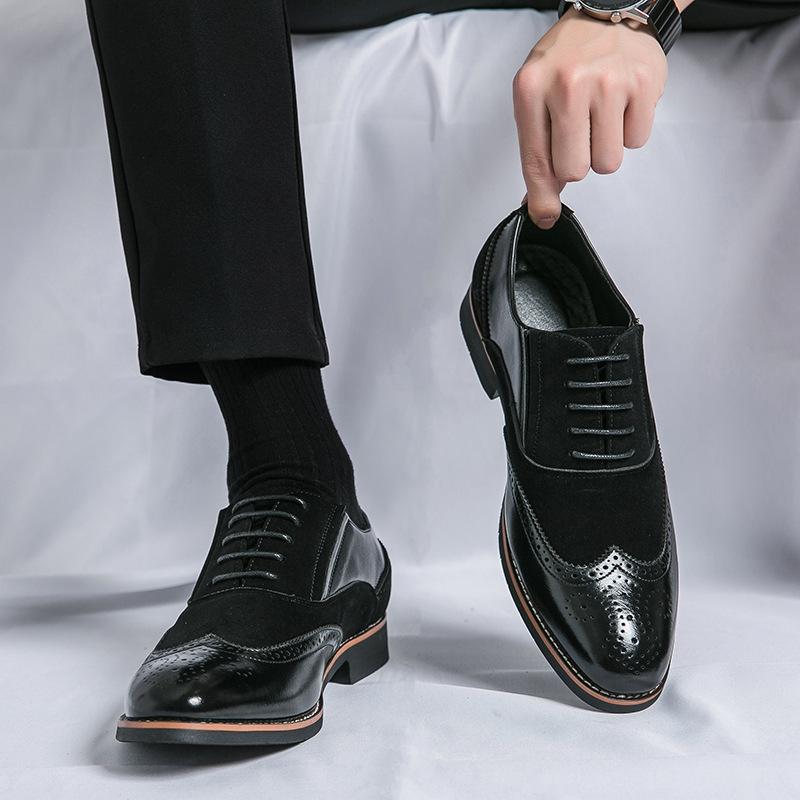 Spring and Autumn New British Business Dress Shoes Men's Retro Splicing Trend Brock Carved Pointed Casual Leather Shoes