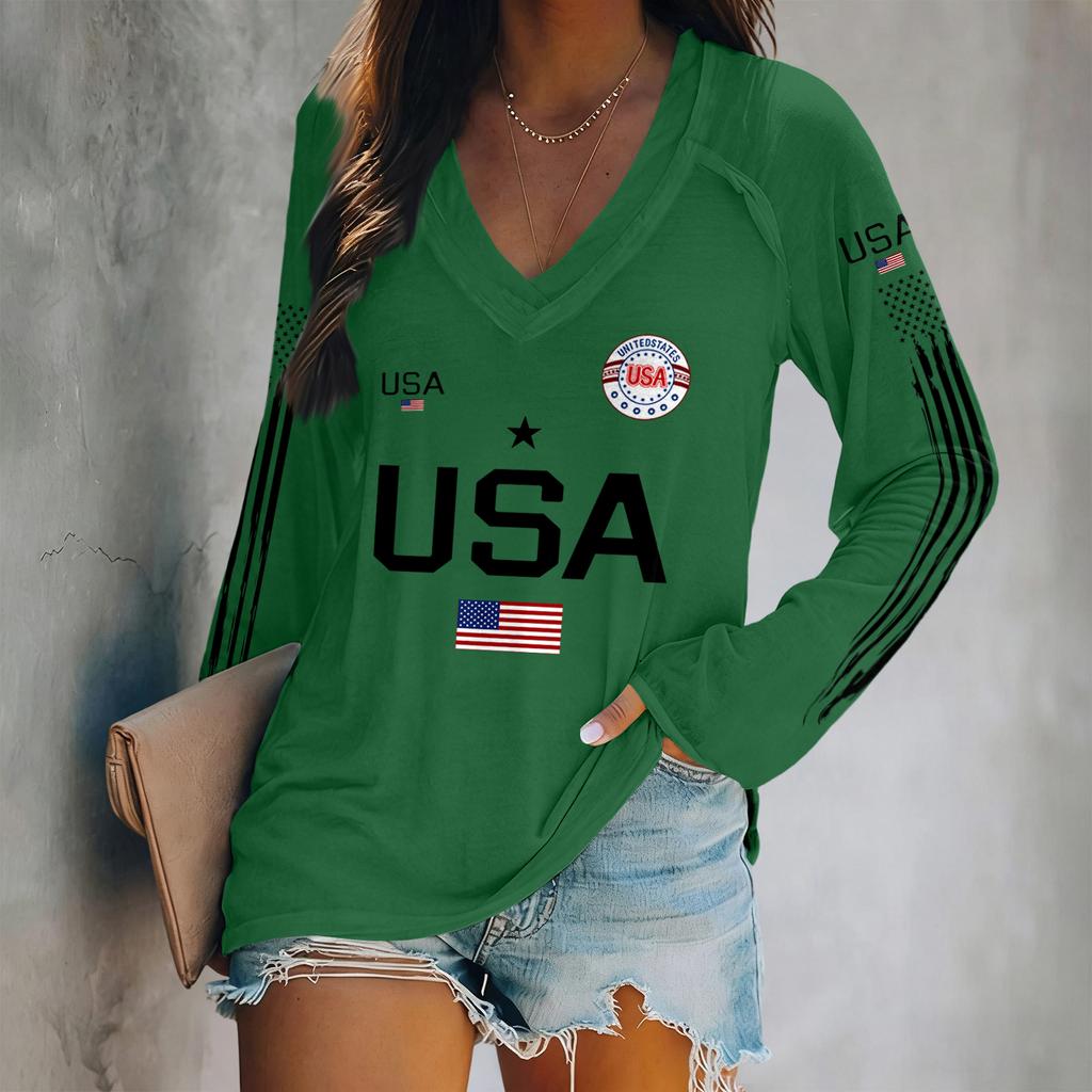 Sweter z długim rękawem i dekoltem w serek z nadrukiem liter USA i grafiką flagi, luźny top w stylu unisex dla kobiet i mężczyzn, wygodny, lekki design