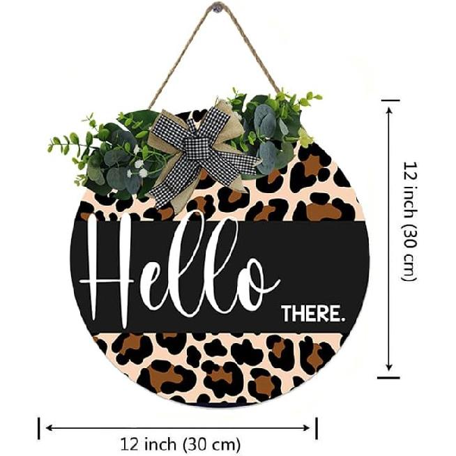 Hello There Wooden Hanging Sign, Leopard Welcome Wooden Front Door Hanging Sign Vintage Wreath Sign, Round Rustic Farmhouse Porch Decor 12 x 12