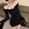 Popular One-word Shoulder Long-sleeved Dress Off-the-shoulder Thin Lace Super Fairy Horn Sleeve Tight Hip-wrapped Short Skirt Cotton
